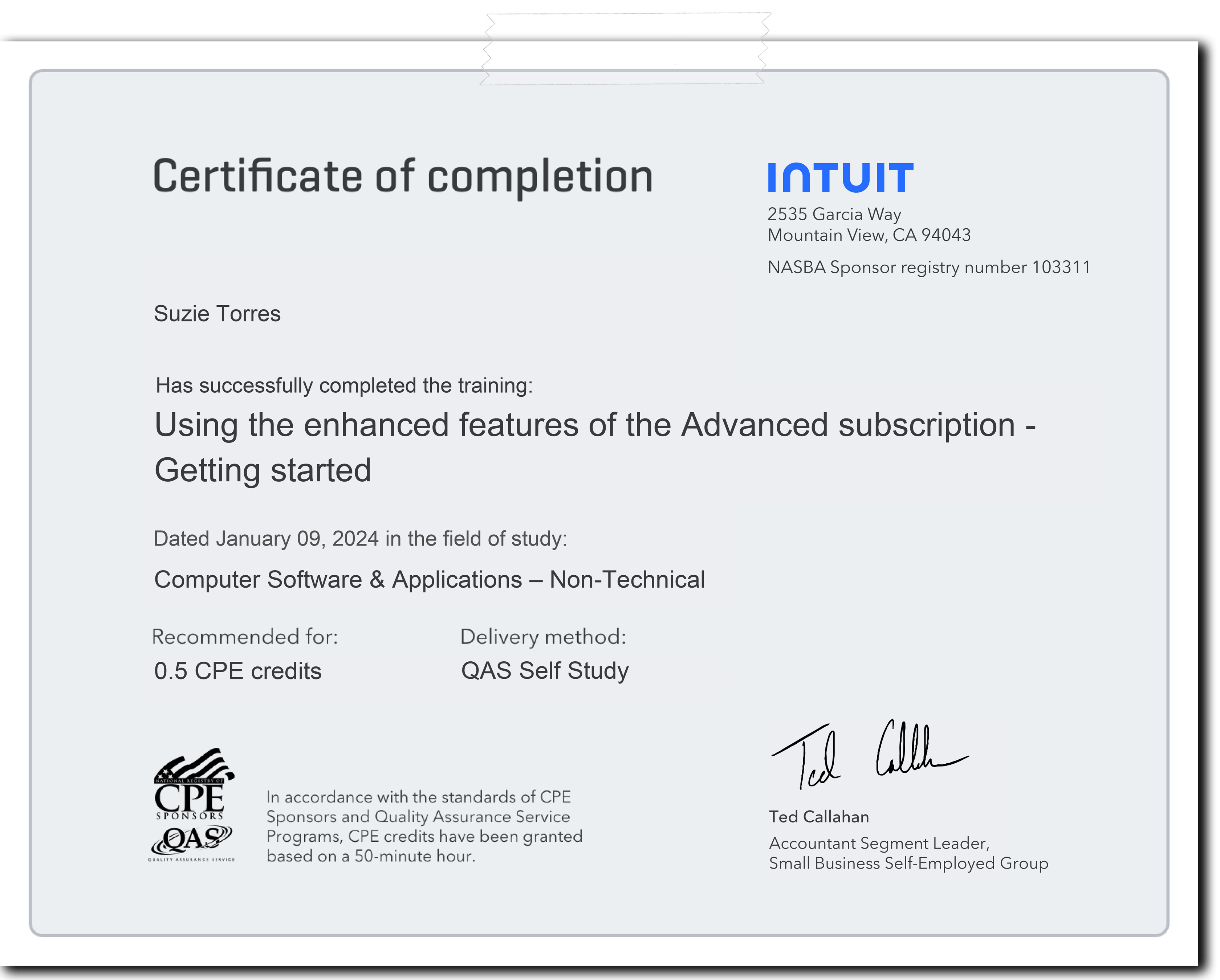 Certificate for Using the Enhanced Features of the Advanced Subscription, Getting Started, Dated Jan. 9, 2024