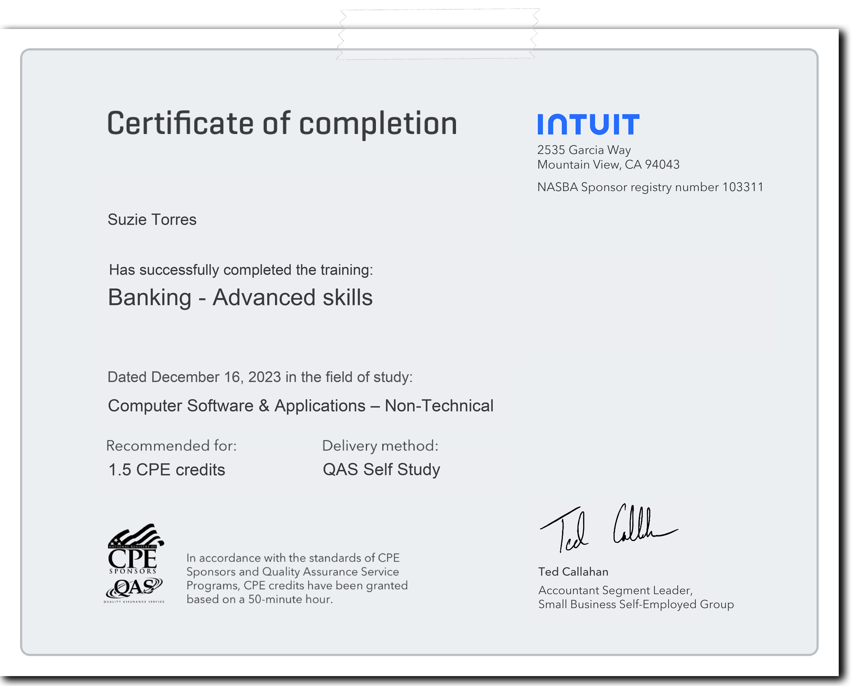 Certificate for Banking, Advanced, Dated Dec. 16, 2023