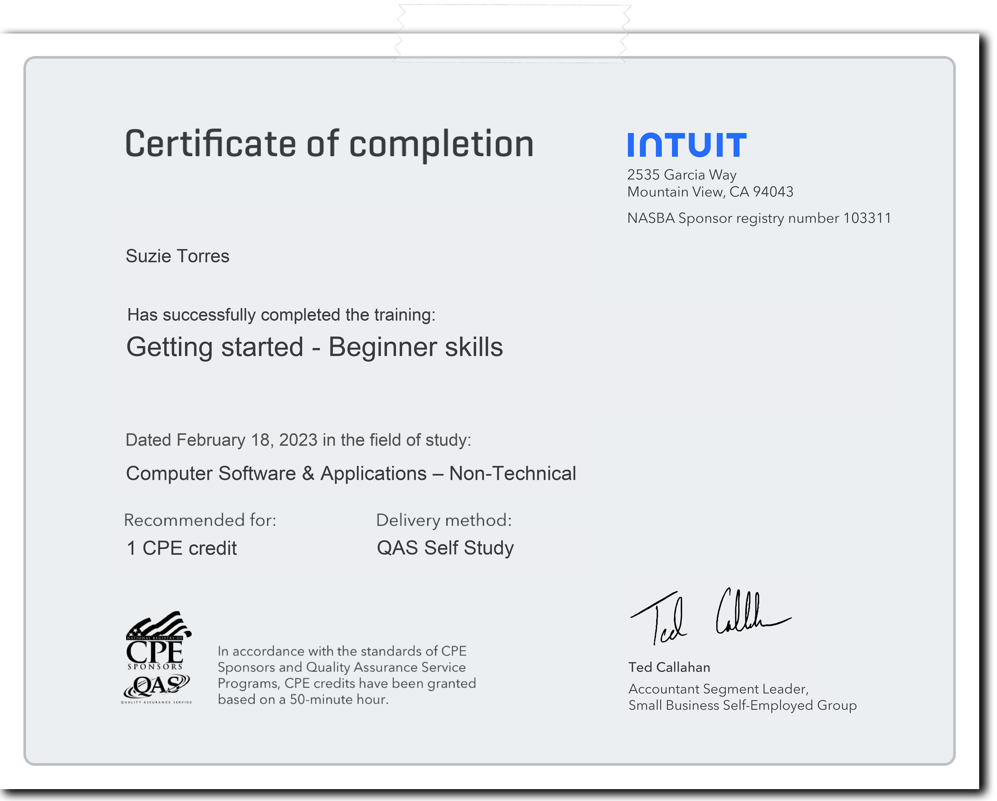 Certificate for Getting Started, Beginner, Dated Feb. 18, 2023