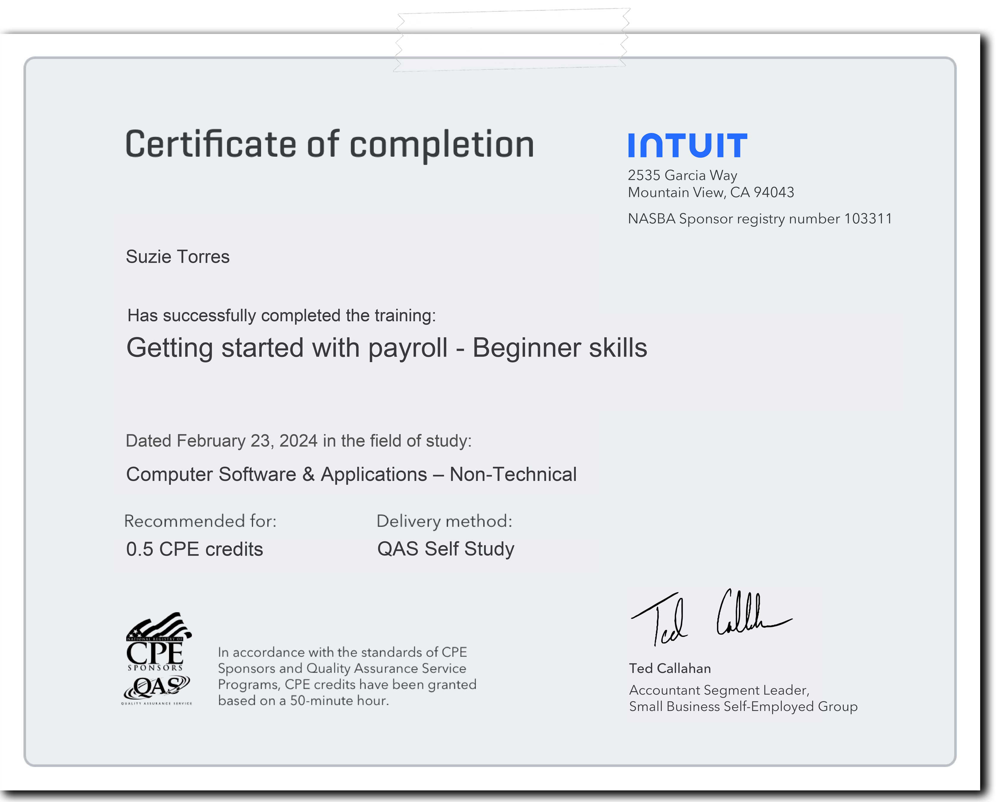 Certificate for Getting started with Payroll, Beginner, Dated Feb. 23, 2024