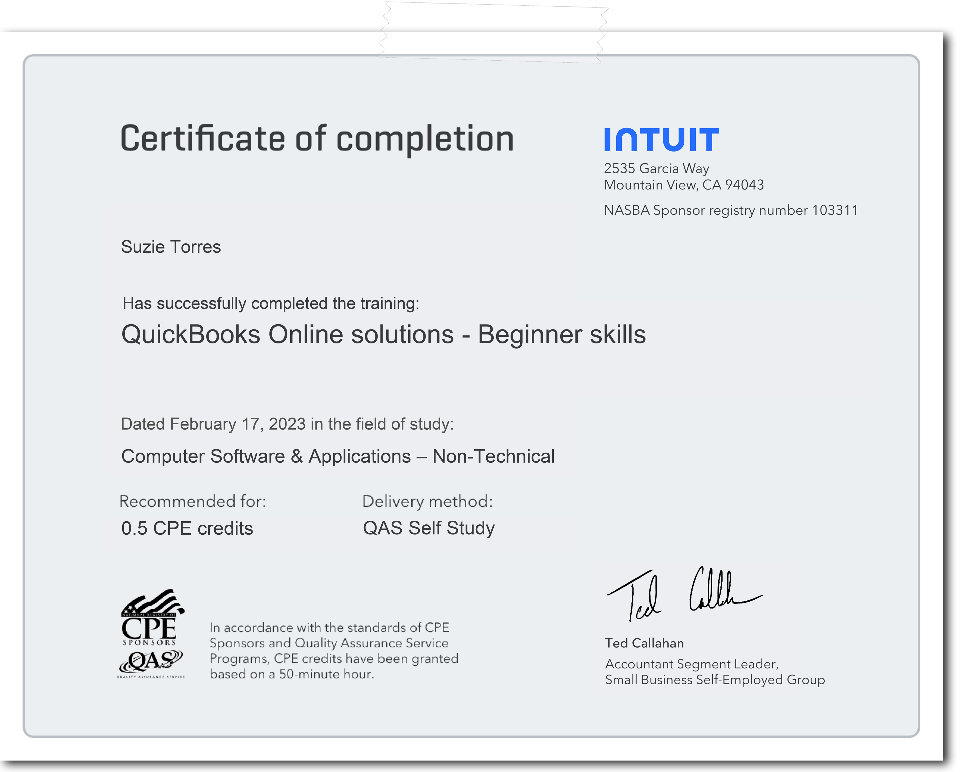 Certificate for QuickBooks Online Solutions, Beginner, Dated Feb. 17, 2023