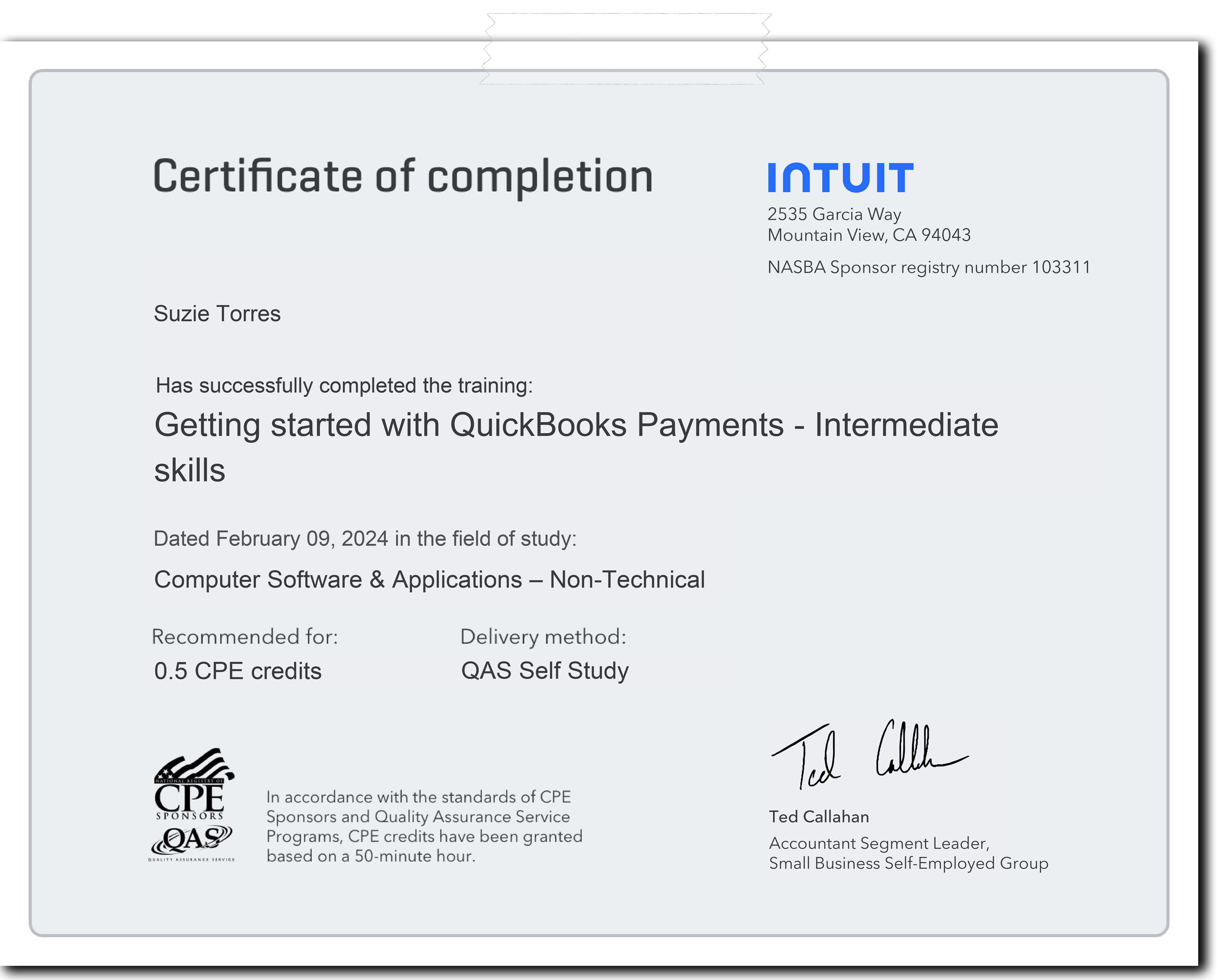 Certificate for Getting started with QuickBooks Payments, Intermediate, Dated Feb. 9, 2024