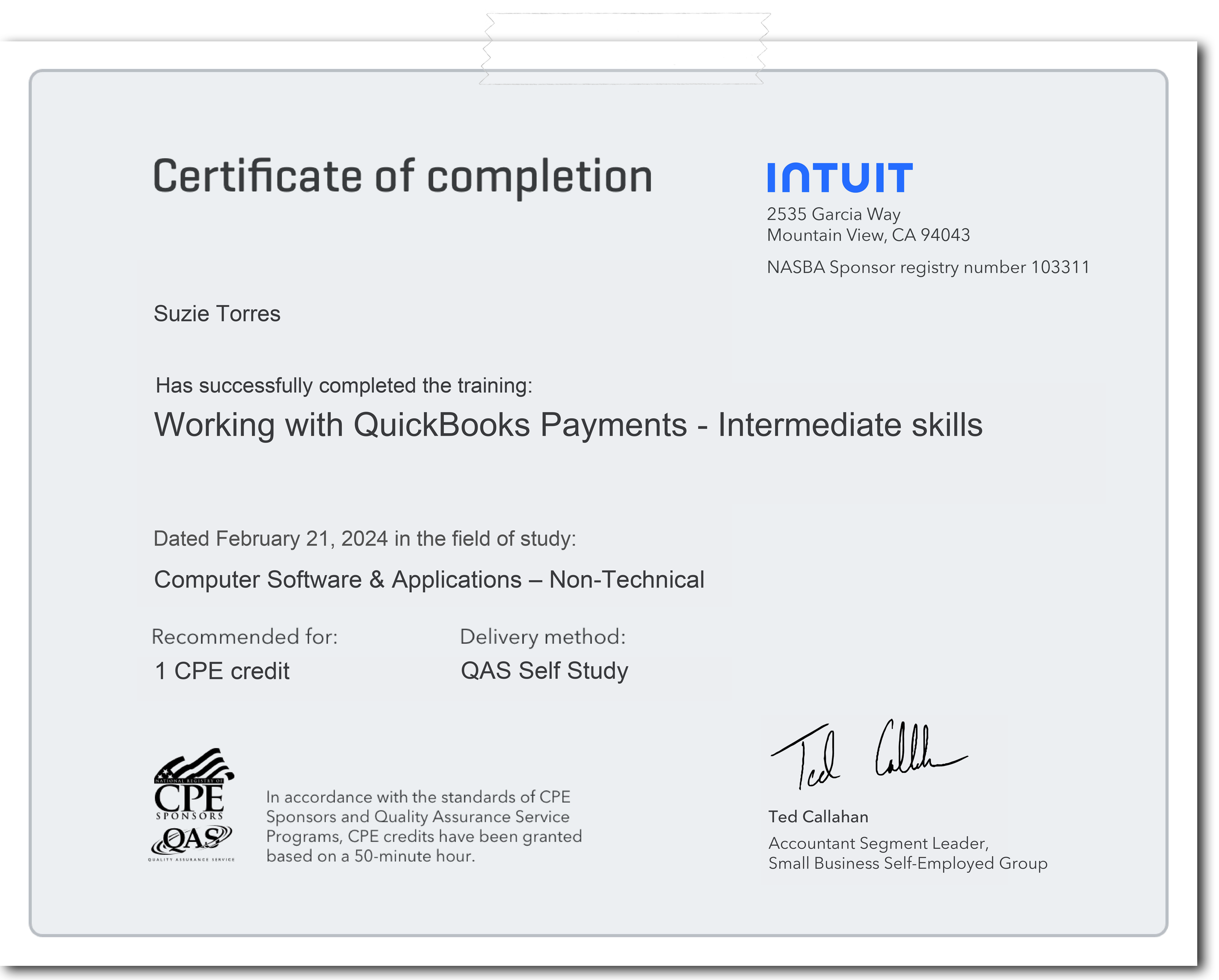 Certificate for Working with QuickBooks Payments, Intermediate, Dated Feb. 21, 2024